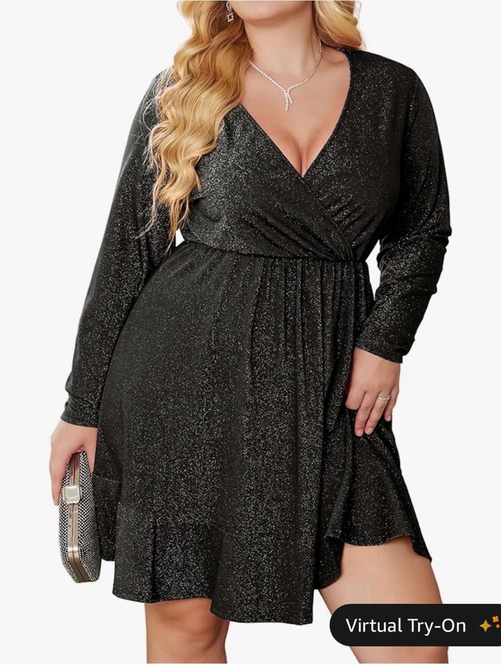 Black Sparkle Long-Sleeve Wrap Dress - Elegant Women's Dress
